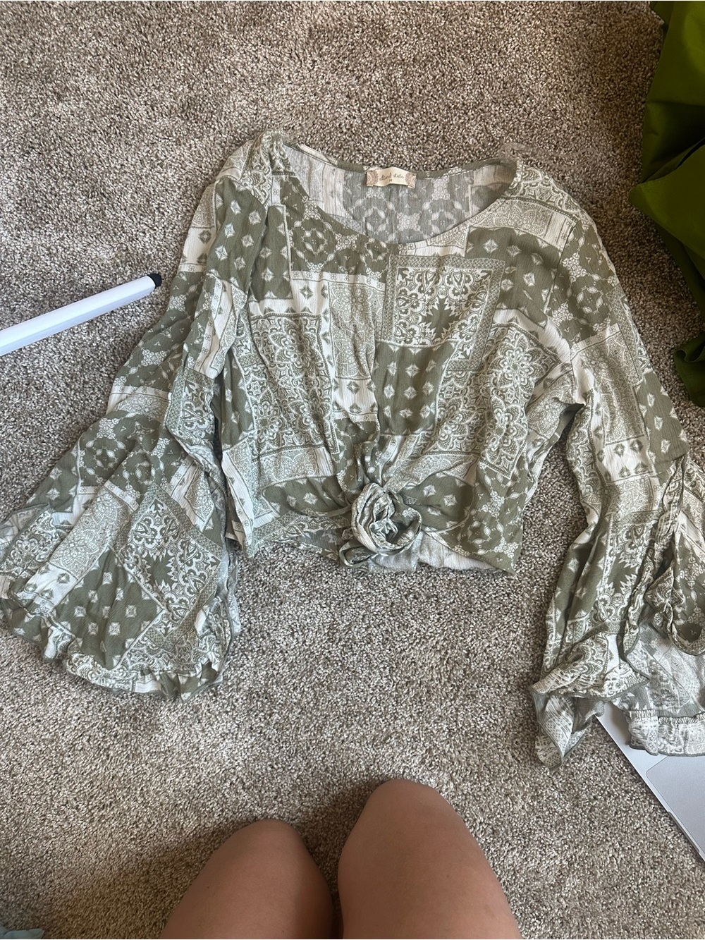 BRAND NEW Altar'd State Sage Patchwork Tie-Front Peasant Blouse